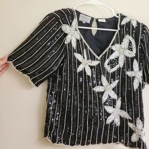Stenay Vintage silk shirt beaded and sequin black and white floral top 1…